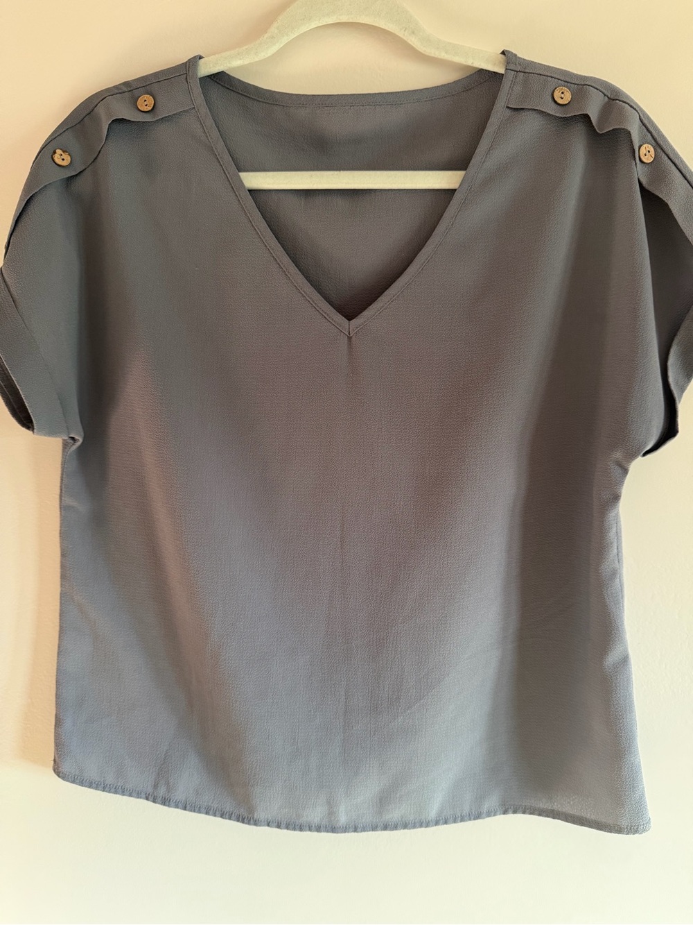 V-Neck Short Sleeve Blouse with Shoulder Button Detail - Gray